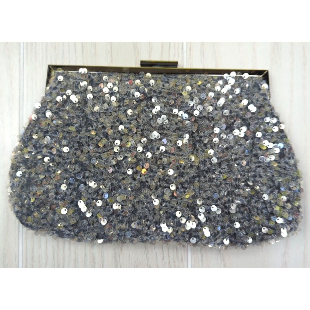 Gray clutch evening bag purse clear shimmery sequins silver top clasp no strap